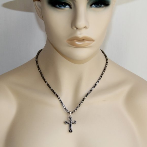 David Yurman Sterling Silver Black Diamond Cross Chain Necklace - Picture 3 of 13